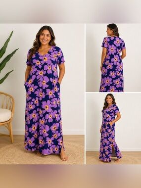 Stan Herman Floral Maxi Lounge Dress Purple Yellow V-Neck Short Sleeve Size M